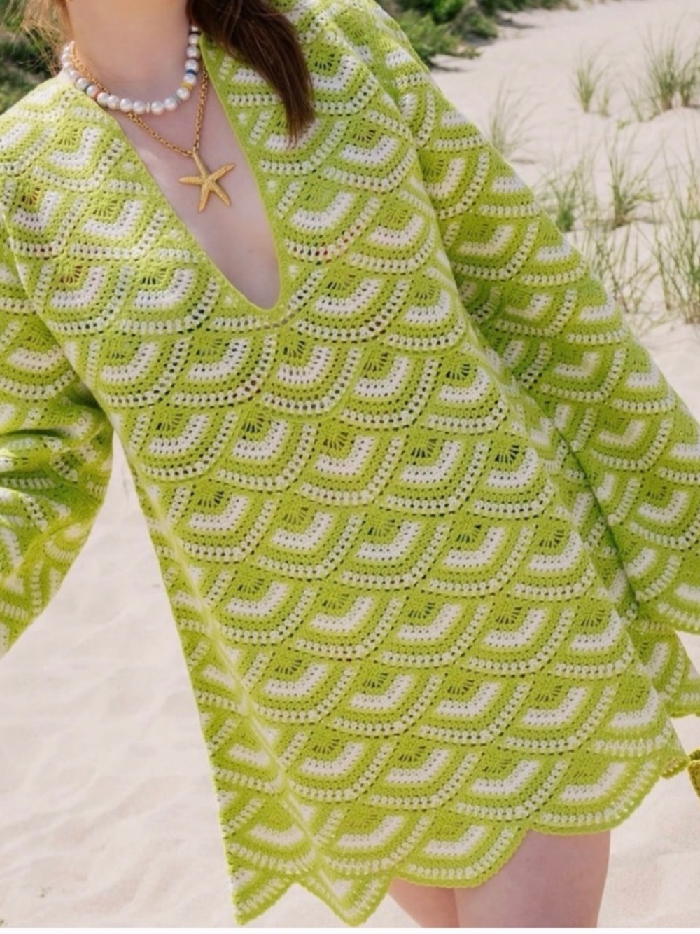 Anthropologie Lime Green & White Crocheted Mini Dress